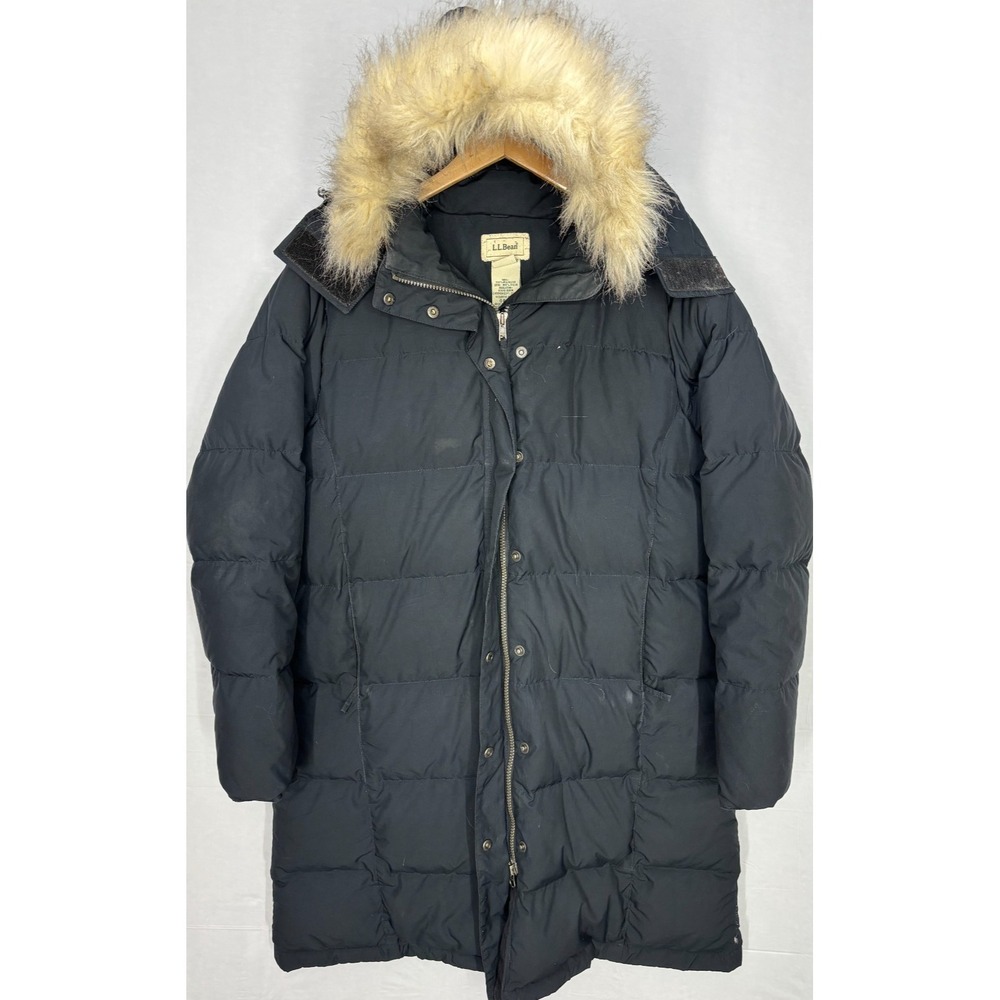 L.L. Bean Puffer Coat Womens Black Full Zip Lined Insulated Hooded Long Sleeve L